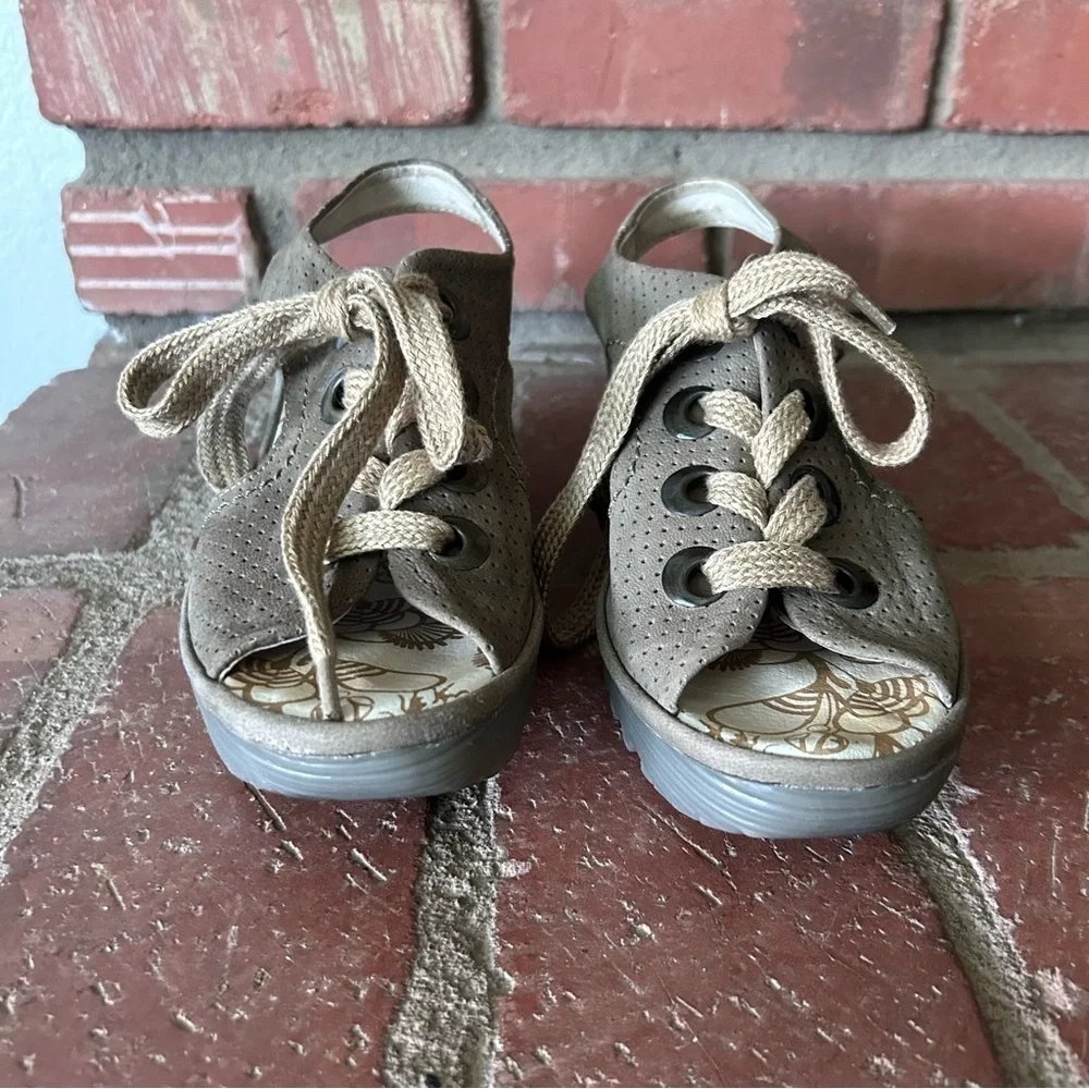 FLY London Luna Perforated Suede Lace-Up Wedge Sandals Sz 8/8.5